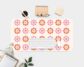 Pink and Orange Flower Print Desk Mat: Mid-Century Modern Workspace