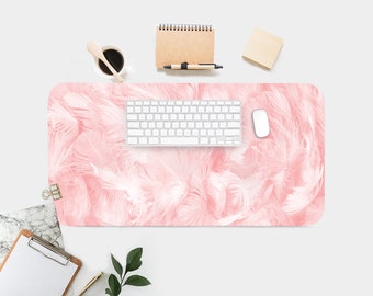 Pink Feathers Print Desk Mat, Aesthetic Desk Accessory, Cute Workspace, Trendy Workspace, Girl Desk, Boho Chic, Cute Desk Topper, Desk Pad