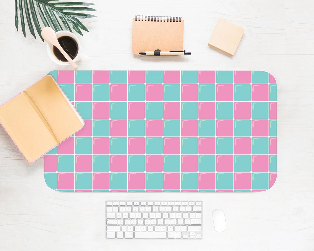 Pink and Teal Tiles Desk Mat, Boho Desk, Cute Workspace, Trendy