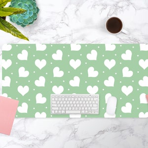 Polka Dot Hearts Print Desk Mat, Aesthetic Desk Accessory, Cute Workspace, Trendy, Boho Chic, Cute Desk Topper, Desk Pad, Makeup Mat, Desk