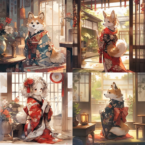 20 + Extra ! Cute Dog In Japanese Collection Kimono, Scenery, Digital Download, Card Making, Mixed Media, Digital Art Craft, 1024 x 1024 PNG