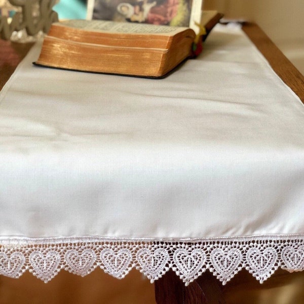 Altar Cloth Catholic Christian Home White Cotton with Heart Lace Religious Prayer Table Runner 29.5 x 11.5 Inch Church Linens