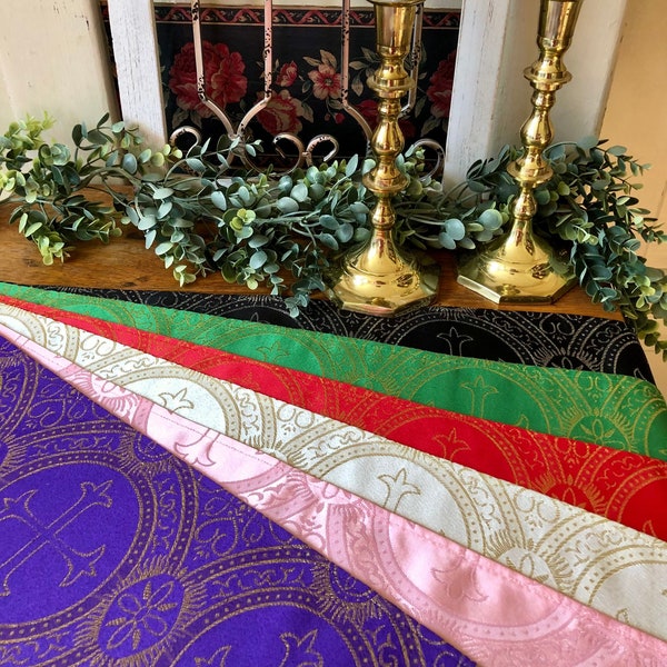 Altar Cloths SET of 6 Liturgical Catholic Christian Home 12 x 31 Inches Purple Red Ivory Green Rose Black Runner Linens Prayer Table Church