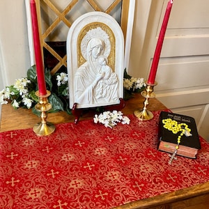 Altar Cloth Catholic Christian Home, Red, metallic gold brocade, Prayer Table Runner,  Pentecost Martyrs Holy Week Liturgical Linens Oratory