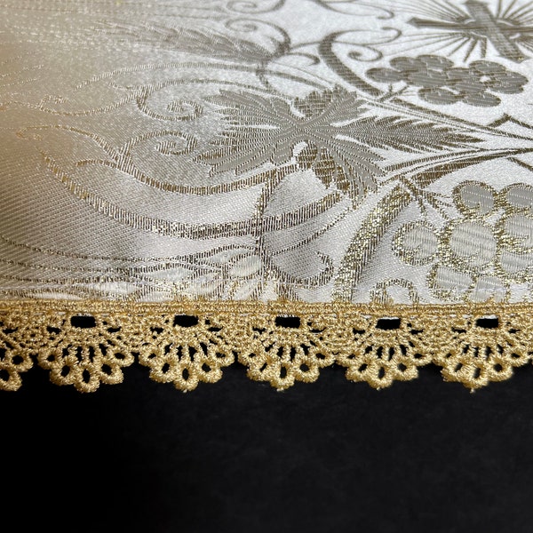 Catholic Home Altar Cloth Ivory Metallic Gold 2 sizes Gold Trim Communion Eucharist Grapes, Wheat Liturgical Runner Linens Prayer Easter