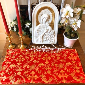 Altar Cloth Red Metallic Gold Catholic Christian  12 x 26.75 inches liturgical prayer table Pentecost Martyr Feast Linens Brocade Crosses