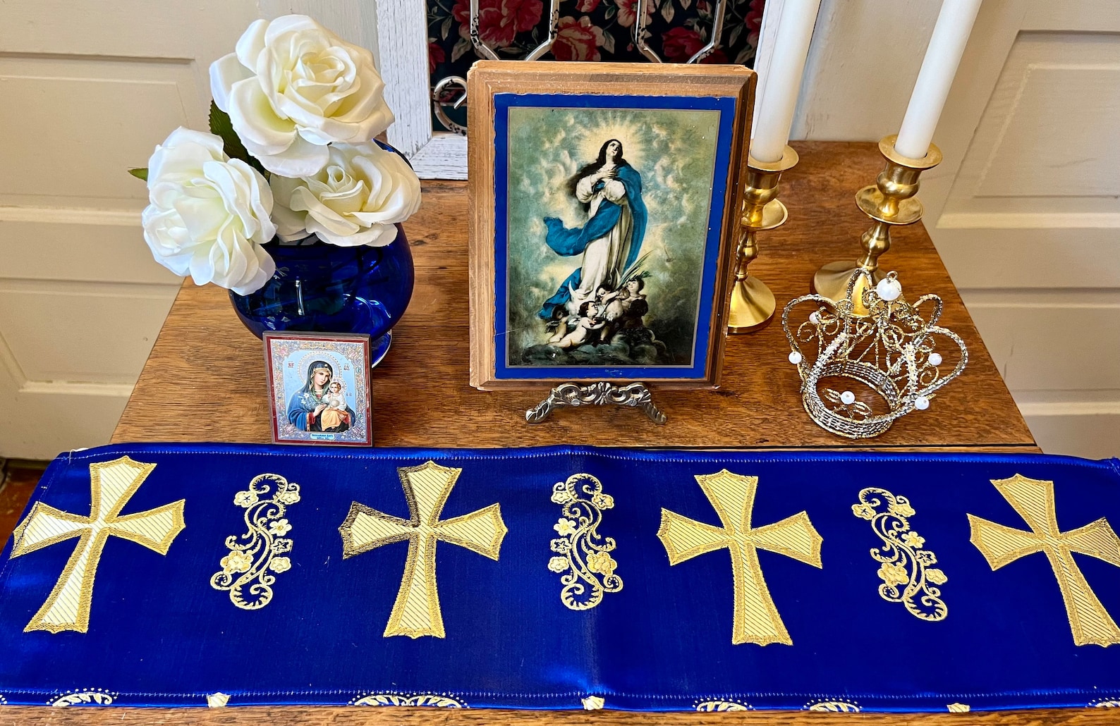 Altar Cloth Catholic Christian Home Blue Metallic Gold Crosses Etsy