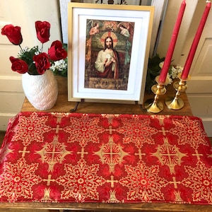 Altar Cloth Catholic Christian Home Red Metallic Gold Crosses Liturgical Pentecost Martyrs Prayer Table Linens Holy Week Oratory Church