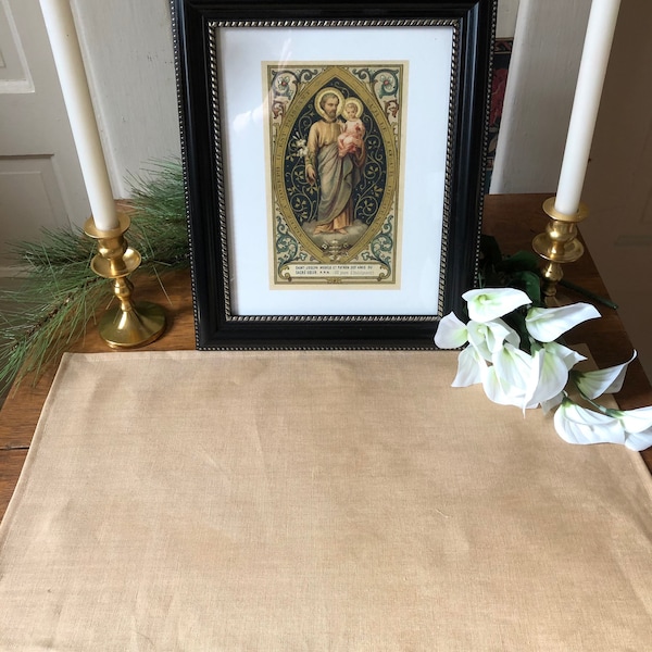 St Joseph Table Home Altar Cloth Catholic Christian 21 x 13 Inches 100% Linen Tan Beige Religious Consecration Patron Saint