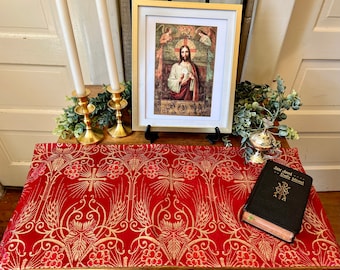 Home Altar Cloth Catholic Christian Red Metallic Gold 2 sizes Liturgical Linens Eucharist Communion Prayer Table Runner Wheat Grapes Design