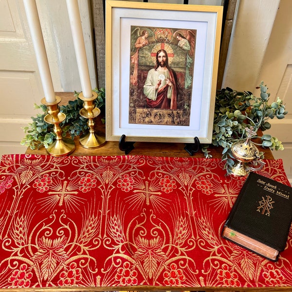 Home Altar Cloth Catholic Christian Red Metallic Gold 2 sizes Liturgical Linens Eucharist Communion Prayer Table Runner Wheat Grapes Design