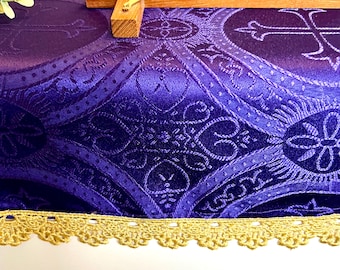 Fastenzeit Hausaltar katholischer christlicher Lila mit Gold Metallic Trim Gebet Tischdecke Kreuze Liturgische Leinen Läufer Advent heilig, 3 Größen