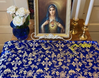 Altar Cloth Catholic Christian Home Prayer Table Runner Blue Metallic Gold, 2 sizes, Blessed Mother Virgin Mary Marian Linens