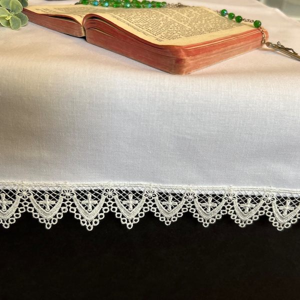 Altar Cloth Catholic Christian Home White Cotton with Cross Lace or Religious Prayer Table Runner, 3 sizes, Easter Christmas linens church