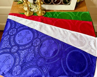 Altar Cloths SET of 4 Liturgical Catholic Home Christian 12 x 31 Inch Purple Red White Green Jacquard, Crosses Prayer Tablecloths Linens