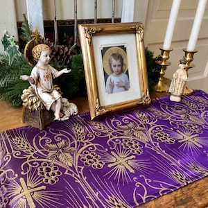 Carême Nappe d'autel catholique chrétien violet métallisé or 2 tailles Avent prière linge de table blé raisins eucharistie liturgique Sainte Communion