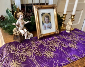 Home Altar Cloth Catholic Christian Purple Metallic Gold Lent 11” x 26 Inches Lent Advent Prayer Table Wheat Grapes Liturgical Eucharist