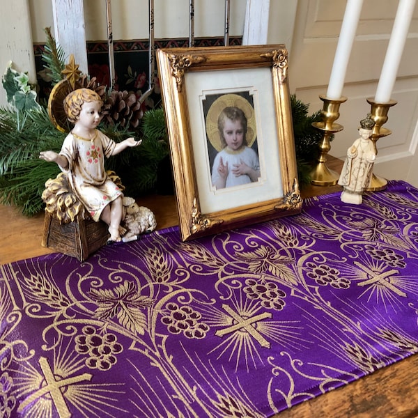 Lent Altar Cloth Catholic Christian Purple Metallic Gold 2 sizes Prayer Table Linens Wheat Grapes Liturgical Eucharist Holy Communion Advent