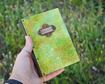 Forest Witch Journal A6 | Handmade Grimoire with Green & Yellow Paper | Pagan Spellbook