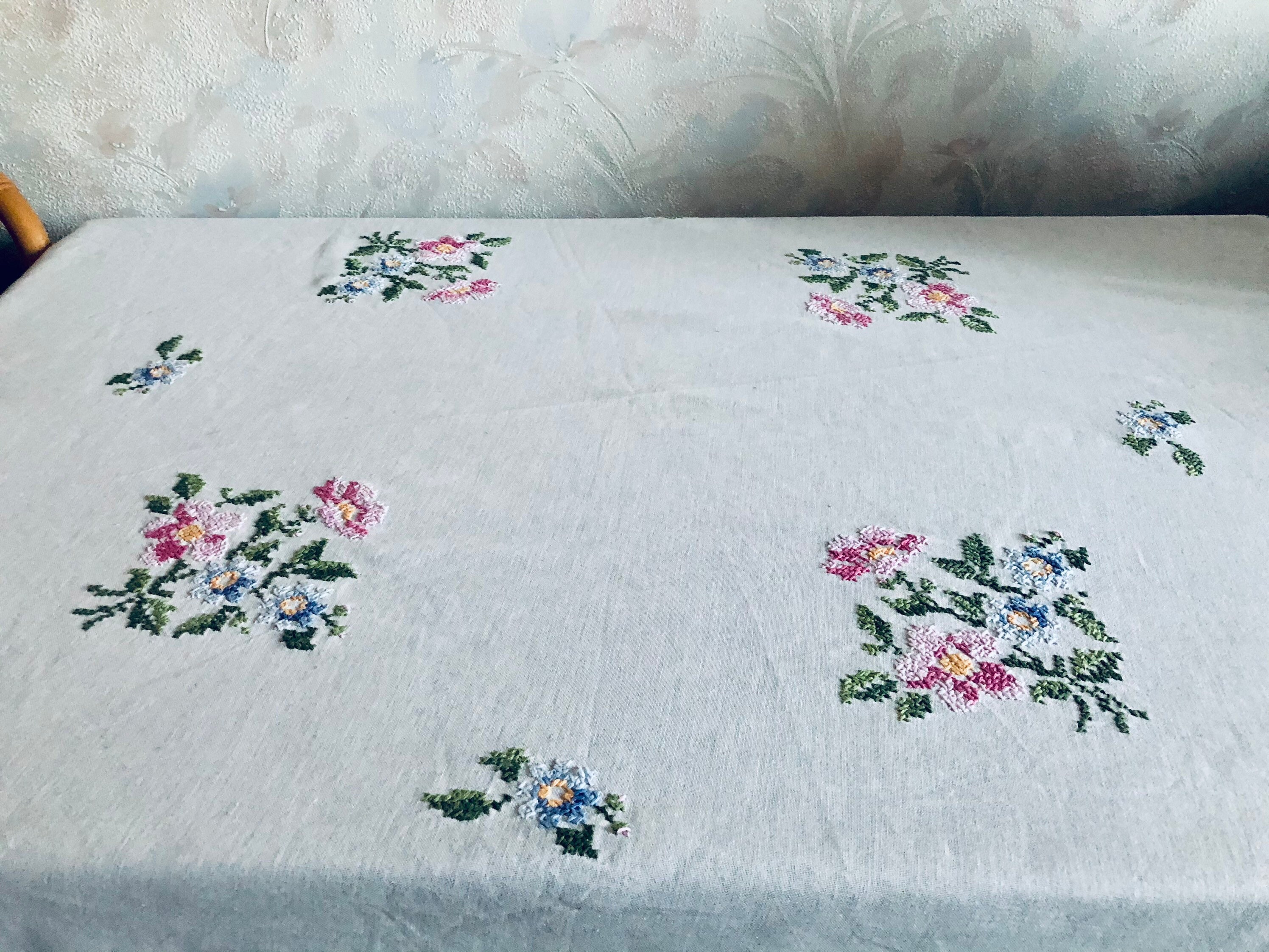 White cotton round tablecloth with handmade cross stitch Etsy