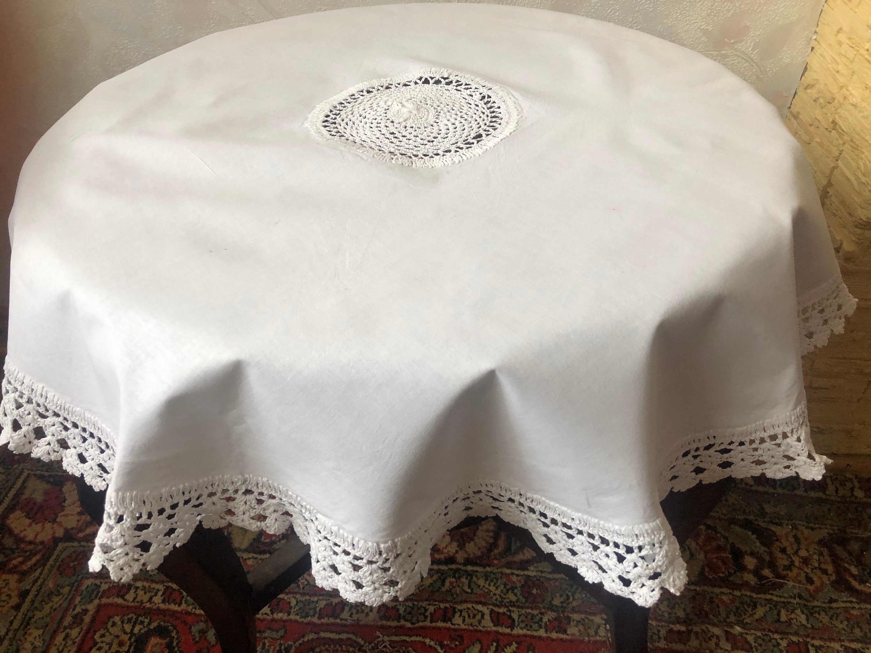 Vintage white cotton tablecloth with hand crocheted lace Etsy