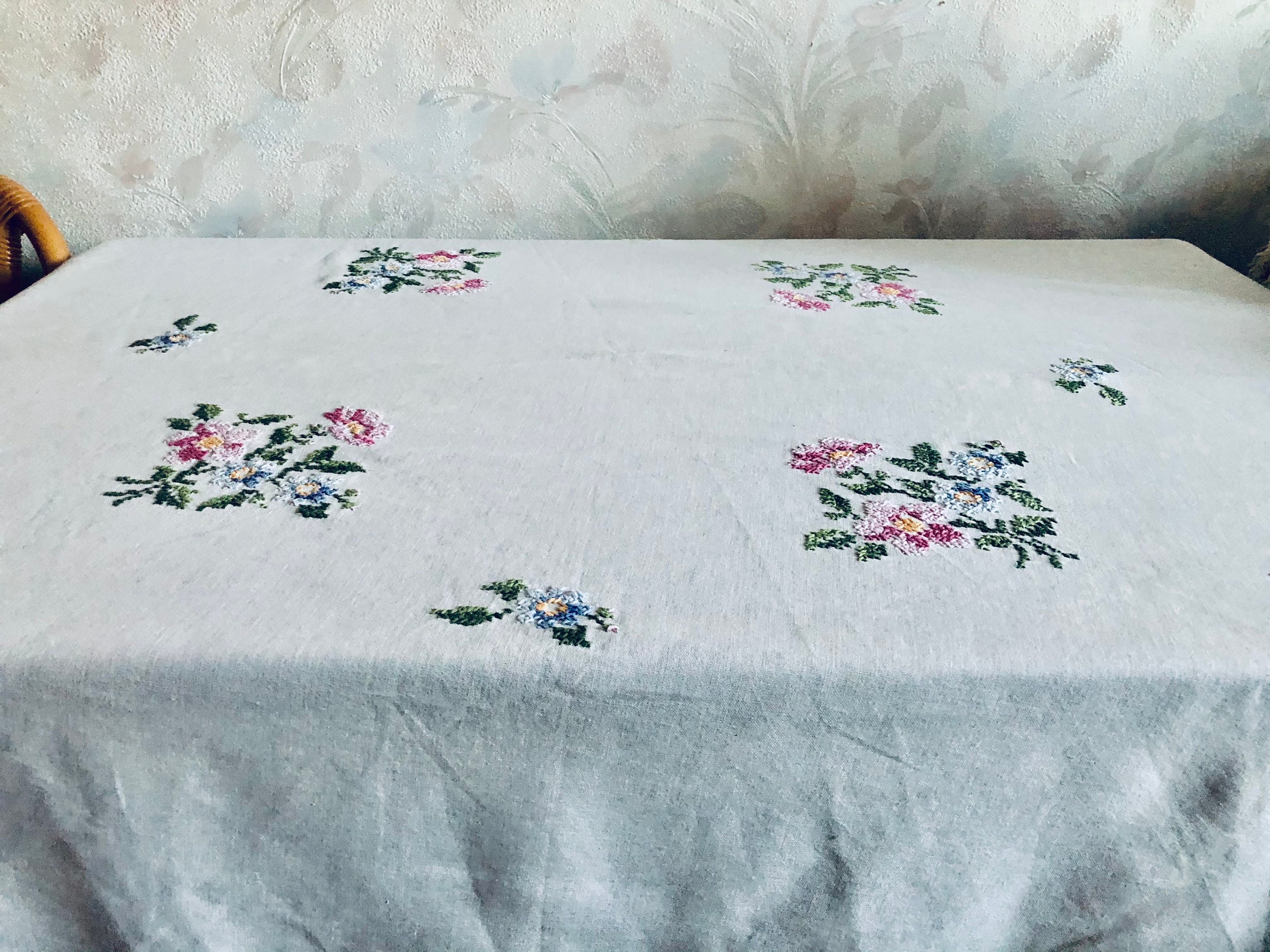 White cotton round tablecloth with handmade cross stitch Etsy