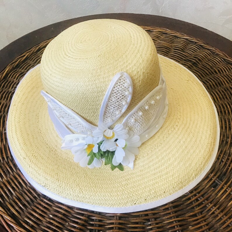 Vintage Brimmed Straw Hat With Floral Decoration Etsy