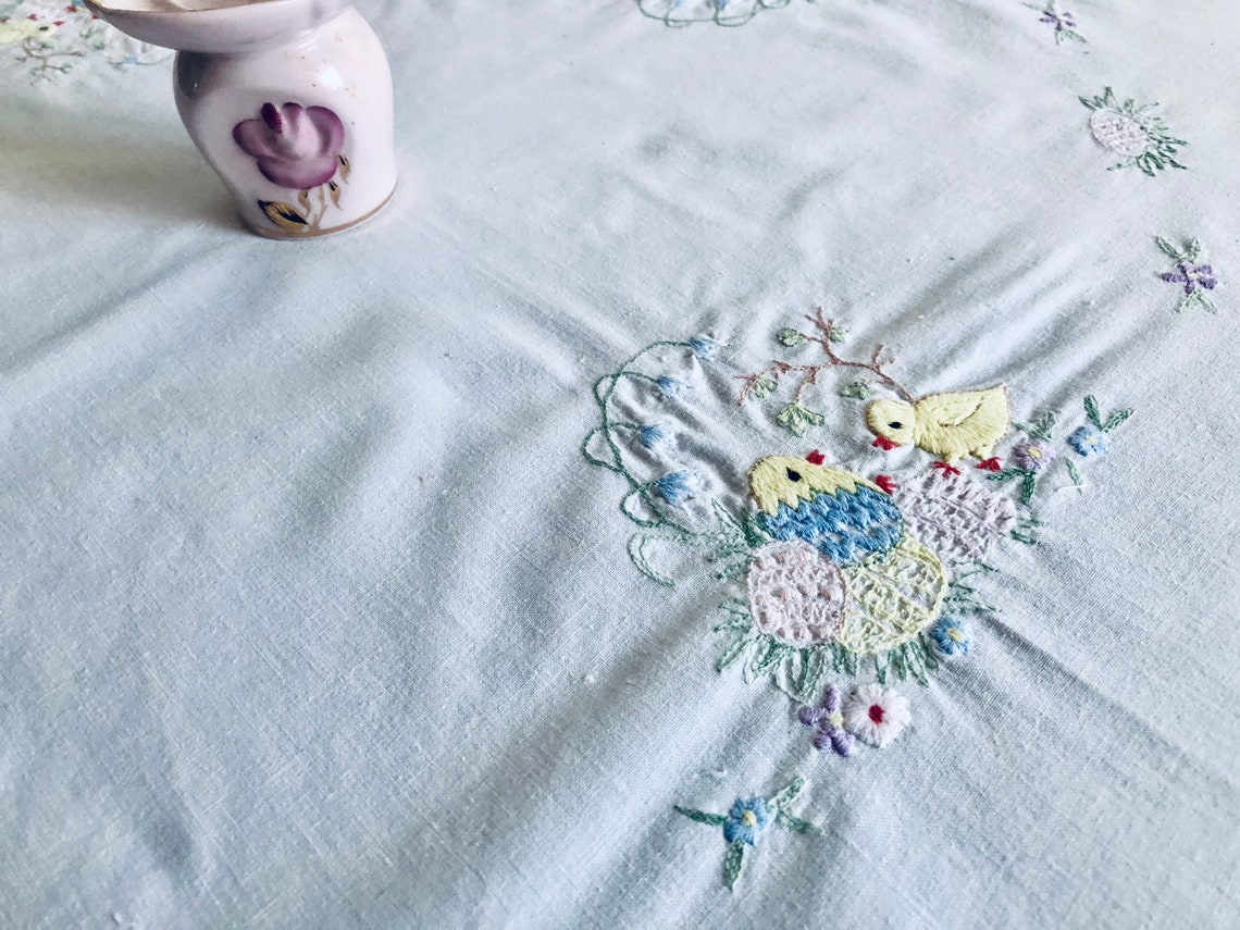 Vintage Cotton Easter Tablecloth with Chick Embroidery Easter Etsy