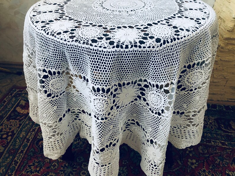 Crocheted Openwork Lace White Cotton Oval Tablecloth Table Etsy