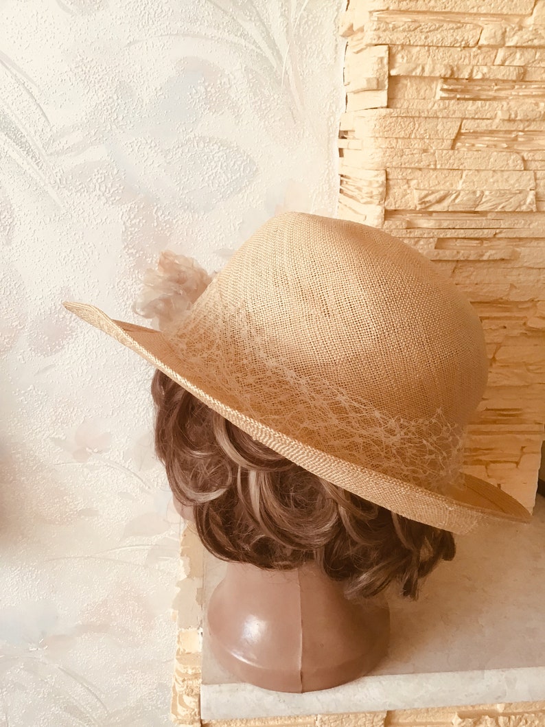 hat made of rice straw with decor Hat with brim of the sun 1960 Vintage summer