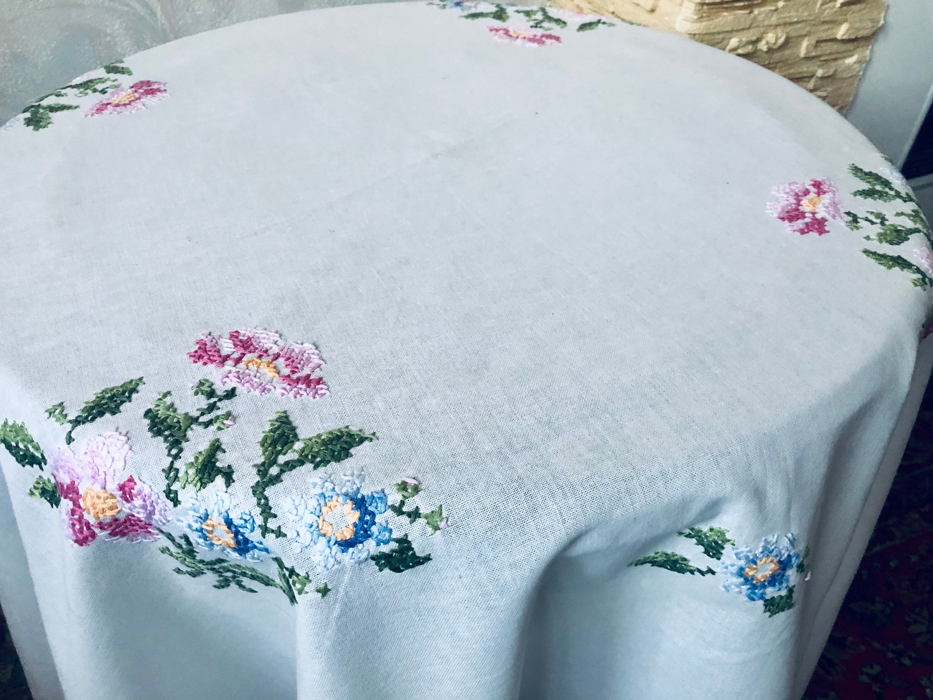 White cotton round tablecloth with handmade cross stitch Etsy