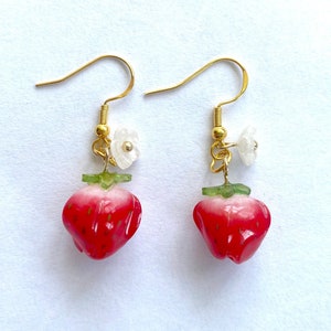 Cute Strawberry Earrings | Strawberry Flower Blossom Dangle Drop Earrings | Handmade Earrings | Strawberrycore Kawaii Cottagecore Jewelry