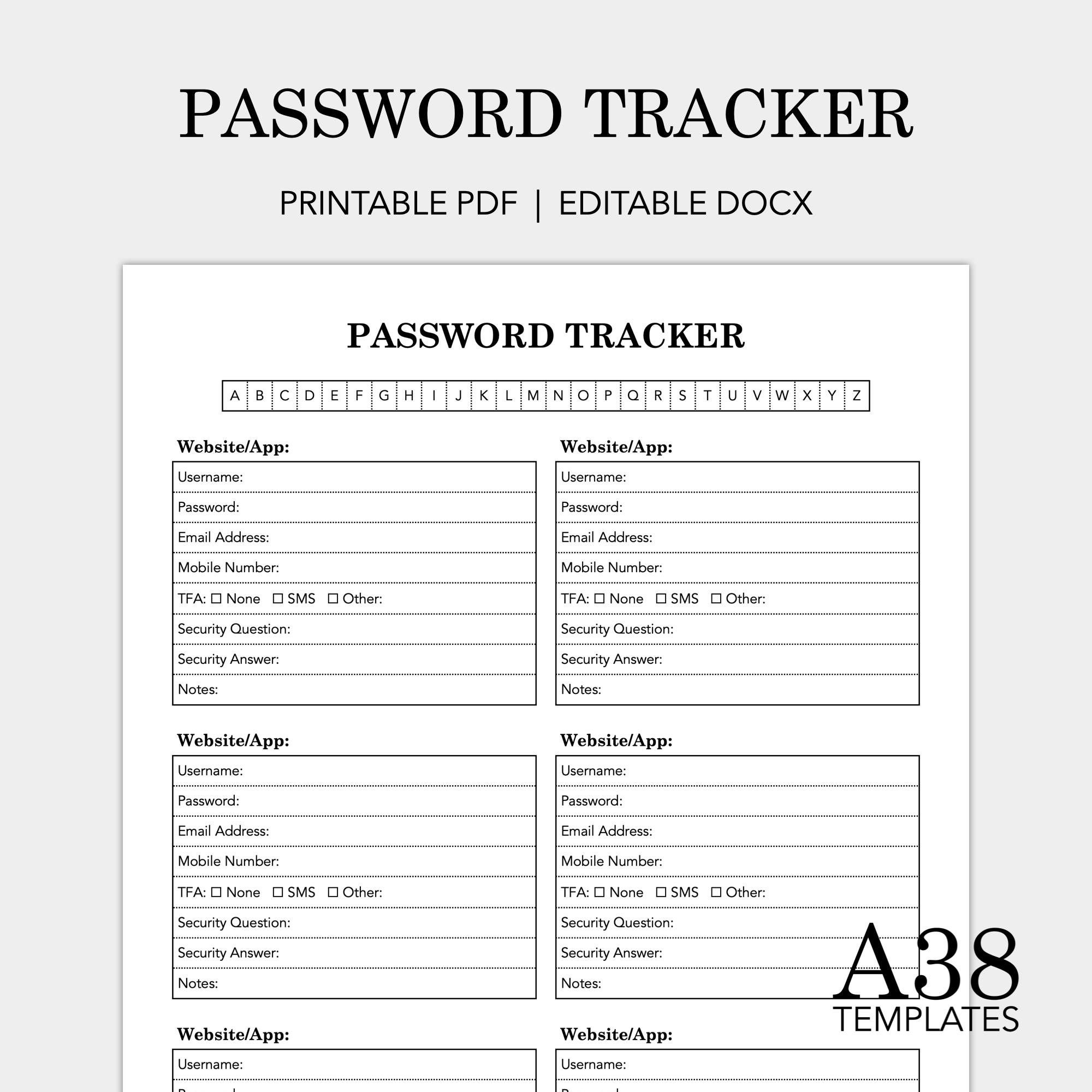 Password Tracker Template: Login Organizer (printable PDF & Editable ...