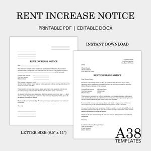 Plantilla de aviso de aumento de alquiler, carta de aumento de alquiler, ajuste de alquiler, aviso al inquilino, formularios para propietarios, administrador de propiedades, imprimible, editable