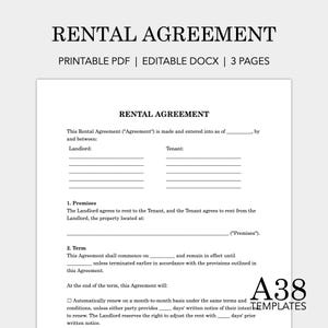 Rental Agreement Template, Lease Agreement, Tenancy Agreement, Rental Contract, Residential, Simple, Basic, Printable, Editable, PDF, Docx