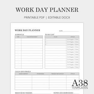 Work Day Planner Template: Daily Office Productivity, To-Do List (Printable PDF & Editable DOCX)