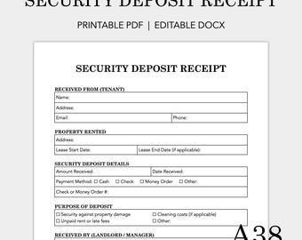 Modello di ricevuta di deposito cauzionale per l'affitto: modulo per proprietari, gestione immobiliare (PDF stampabile e DOCX modificabile)
