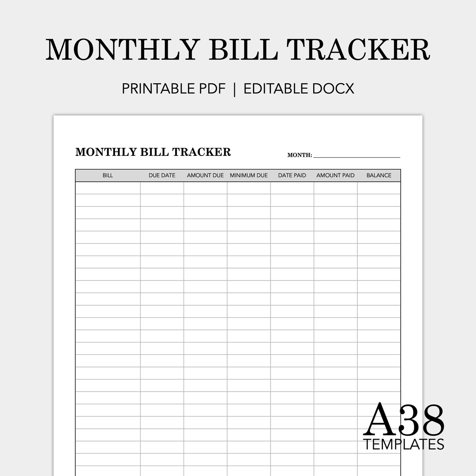 Monthly Bill Tracker Template: Payment Schedule, Expense Log, Budgeting ...