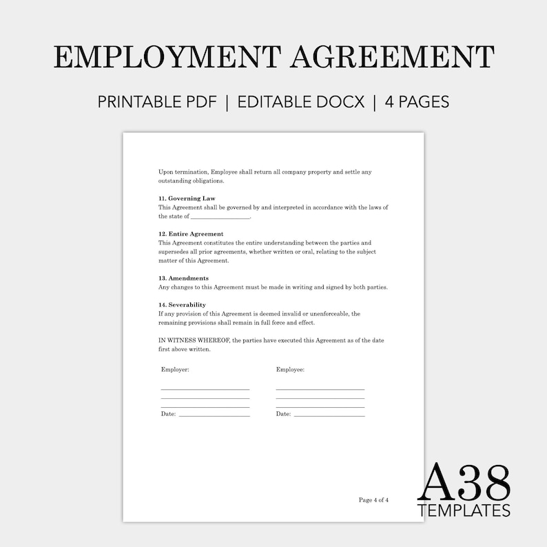 Employment Agreement Template, Employment Contract, Job Contract, Job ...
