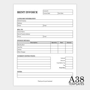 May include: A white rent invoice template with black text. The document includes sections for landlord and tenant information, invoice details, payment instructions, and notes. The bottom right corner displays "A38 TEMPLATES".