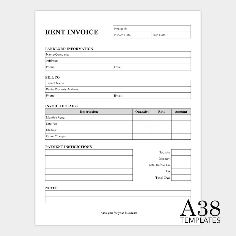 May include: A white rent invoice template with black text. The document includes sections for landlord and tenant information, invoice details, payment instructions, and notes. The bottom right corner displays "A38 TEMPLATES".
