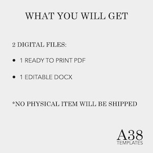 May include: Text that reads "WHAT YOU WILL GET" and "2 DIGITAL FILES:" with bullet points listing "1 READY TO PRINT PDF" and "1 EDITABLE DOCX". Below the text is a note that reads "*NO PHYSICAL ITEM WILL BE SHIPPED" and a logo that reads "A38 TEMPLATES".