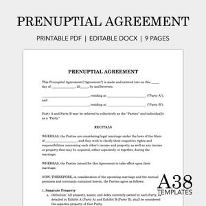 Prenuptial Agreement Template, Prenup Form, Premarital Agreement, Antenuptial Agreement, Financial Disclosure, Printable, Editable, Contract