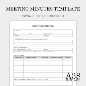Könnte beinhalten: Eine weiße, druckbare Vorlage für das Protokoll mit dem Text "MEETING MINUTES TEMPLATE" oben. Die Vorlage enthält Abschnitte für den Titel des Meetings, Datum, Uhrzeit und Tagesordnungspunkte. Der Text "PRINTABLE PDF | EDITABLE DOCX" ist ebenfalls sichtbar.