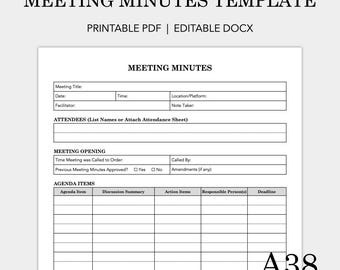 Plantilla de actas de reunión: notas y agenda (PDF imprimible y DOCX editable)