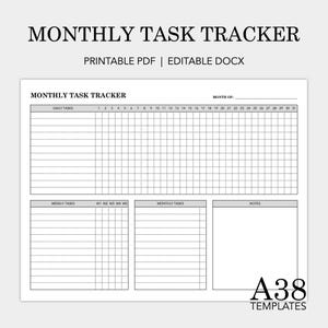 May include: A white printable monthly task tracker with sections for daily, weekly, and monthly tasks, and notes. The document includes a calendar grid for tracking daily progress. Text at the top reads "MONTHLY TASK TRACKER".