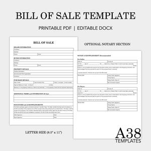 Bill of Sale Template: Purchase Agreement, Property Transfer Form (Printable PDF & Editable DOCX)