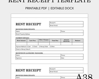 May include: A printable rent receipt template with fields for tenant and landlord details, payment information, and receipt number. Available in PDF and DOCX formats. The text "RENT RECEIPT TEMPLATE" is at the top.
