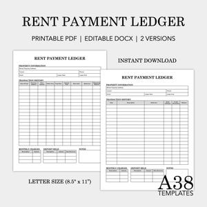 Könnte beinhalten: Zwei druckbare Mietzahlungs-Ledger-Vorlagen. Die Dokumente sind weiß mit schwarzem Text, darunter "Rent Payment Ledger", "Printable PDF | Editable DOCX | 2 Versions" und "Letter Size (21,6 cm x 27,9 cm)". Die Vorlagen enthalten Abschnitte für Immobilieninformationen, Transaktionsverlauf, monatliche Gebühren, gehaltene Kaution und Notizen. Die Wörter "Sofort-Download" und "A38 Templates" sind ebenfalls sichtbar.