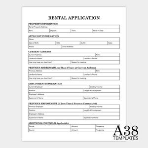 May include: A rental application form with sections for property information, applicant information, current address, previous address, employment information, previous employment, and additional income. The form includes fields for name, date of birth, phone number, National Insurance number, email address, current address, landlord's name, reason for leaving, previous address, landlord's name, reason for leaving, current employer, position, monthly income, length of employment, employer's address, supervisor's name, supervisor's phone, previous employer, position, monthly income, length of employment, employer's address, supervisor's name, supervisor's phone, source of additional income, amount, and frequency.